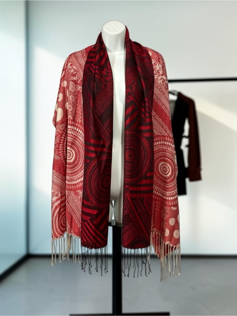 New 100% Viscose Red Burgundy Fringe Scarf 70” x 27”